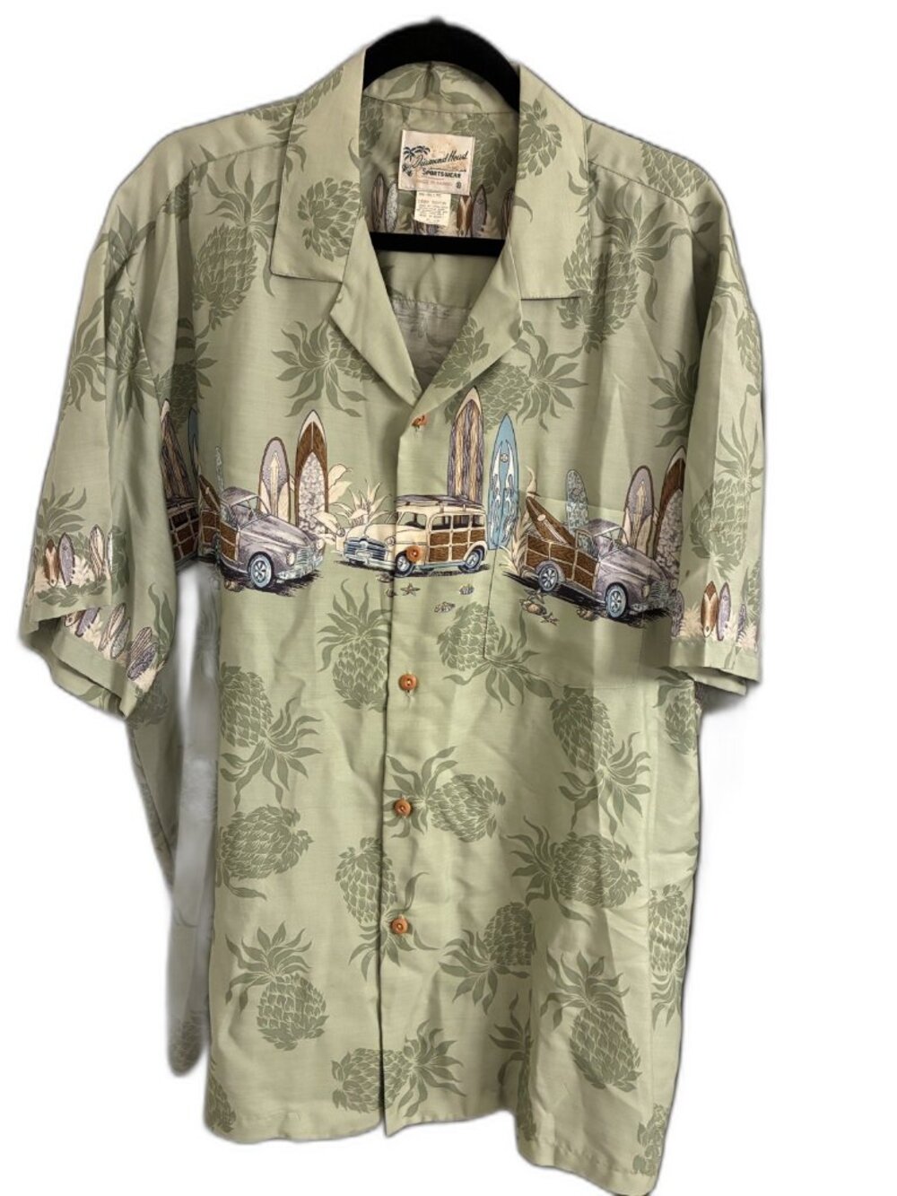 Diamond Head Hawaiian Shirt Mens XL Woody Surfboards Rayon